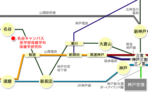 名谷キャンパスへの路線図